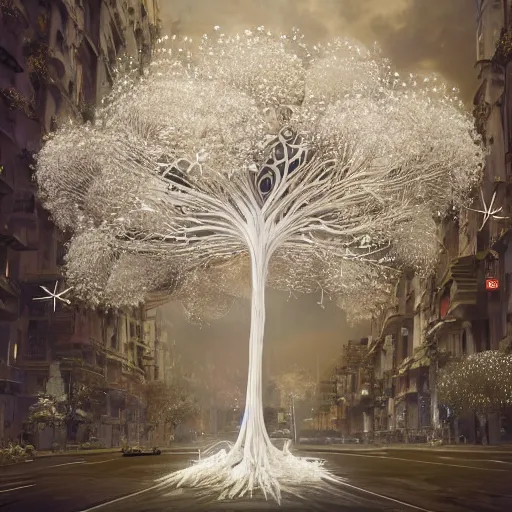 Prompt: an intricate white tree with biorobotic flowers inside an intricate futistic cage, suspended in the middle of the street of a megalopolis made of large buildings of sand and glass, matte painting, cinematic, epic composition, detailed, atmospheric, wide angle, artstation trending