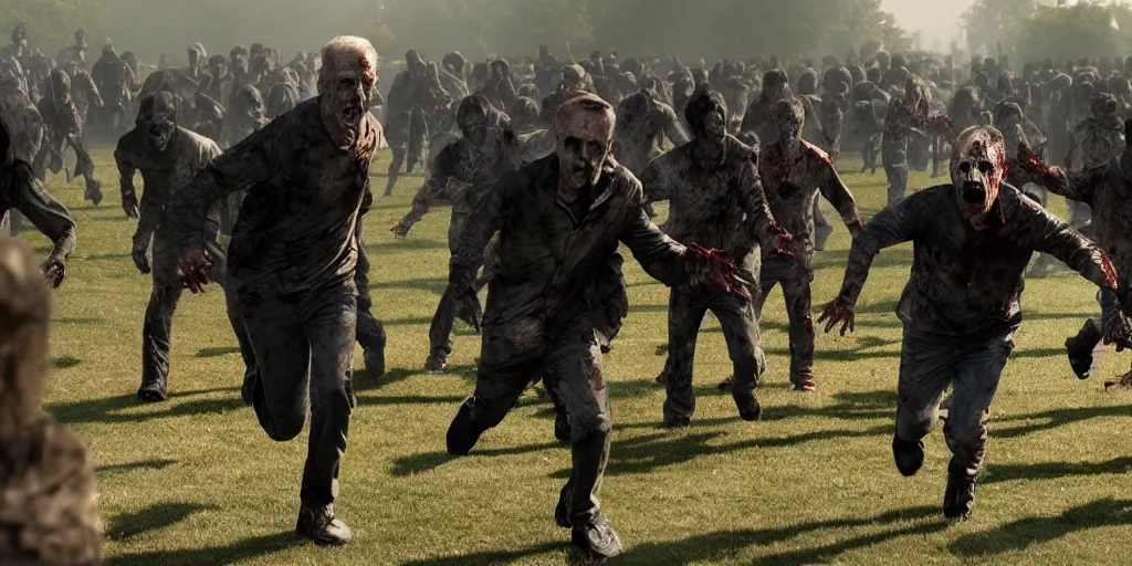 Image similar to movie still of joe biden running away from a hoard of infected zombies on the white house lawn in the movie 2 8 days later, detailed, real, cinematic, 8 k, featured on artstation, detailed faces