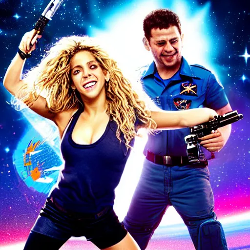 Prompt: of a dynamic movie poster of shakira as a hero sci fi space cosmonaut holding a raygun in a nice action pose, there is an explosion on the background of a space station blowing britney's hair and lighting her with a rim light, she is laughing, f 2. 8, advertising studio lighting,