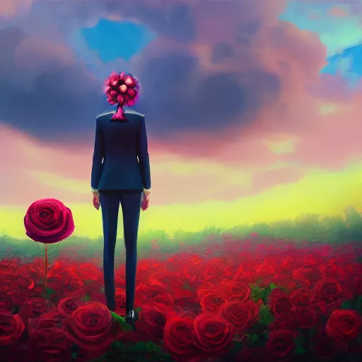 Image similar to closeup, giant rose flower head, frontal, girl in suit, surreal photography, sunrise, blue sky, dramatic light, impressionist painting, digital painting, artstation, simon stalenhag