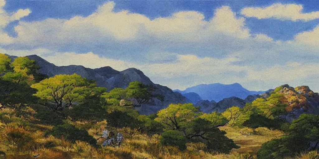 Image similar to grand landscape of rocky hills, art by kotaro chiba