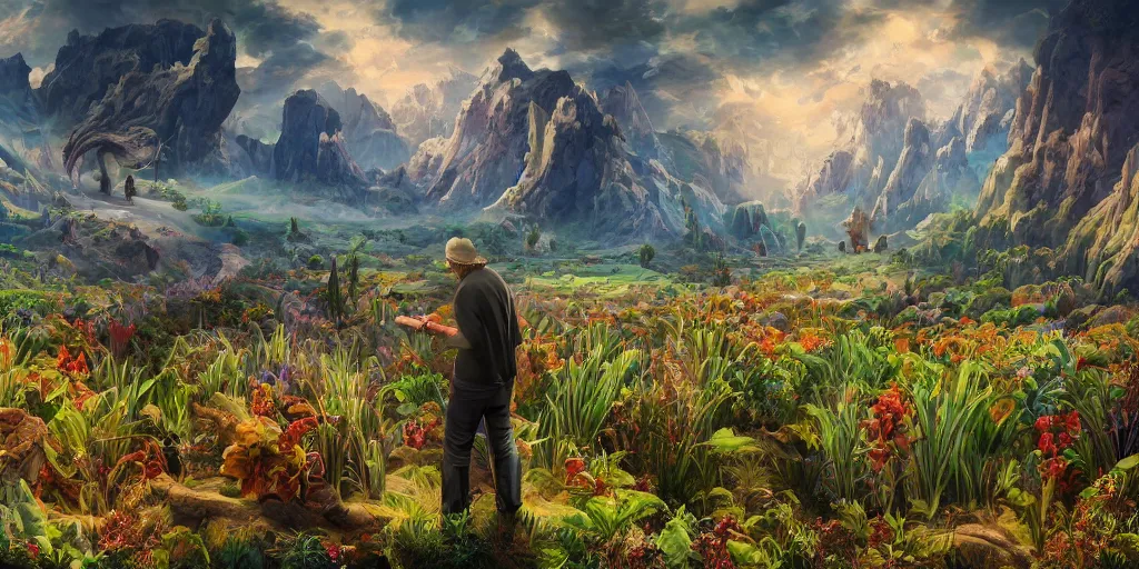 Prompt: A man surveying his exquisite, symmetrical, perfect crops, high quality fantasy art, 4k