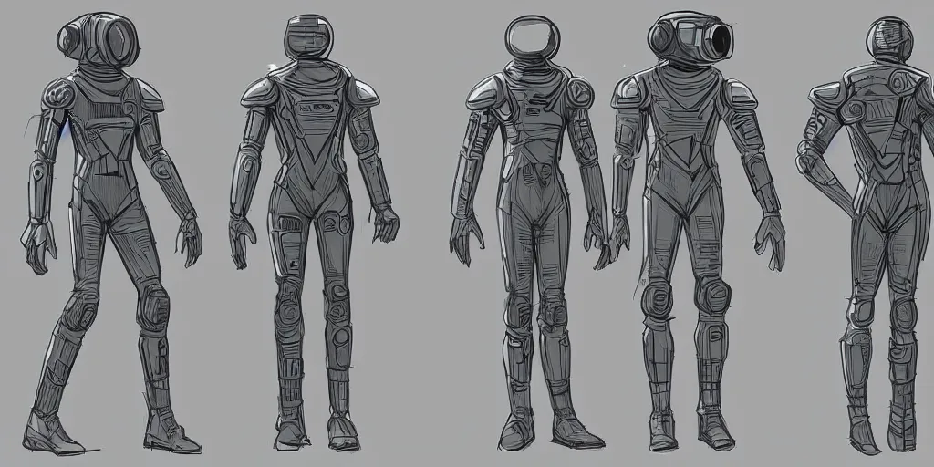 Image similar to male, fully body, elongated figure, science fiction space suit with a helmet, large shoulders, short torso, long thin legs, tiny feet, character sheet, digital sketch, hyperdetailed, dieselpunk, super stylized character design, concept design