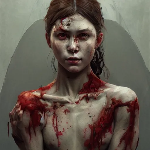 Image similar to portrait painting of a bloodied female butcher, ultra realistic, concept art, intricate details, eerie, highly detailed, photorealistic, octane render, 8 k, unreal engine. art by artgerm and greg rutkowski and alphonse mucha