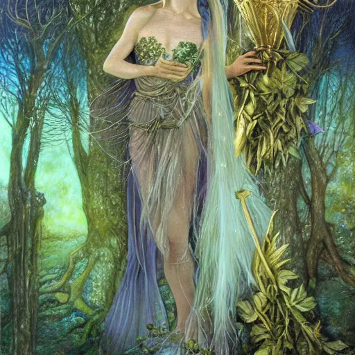 Image similar to fey queen of the summer forest, dress of leaves, fine features, holding a golden scepter, thin, young, silver shimmering hair, by brian froud, dusk scene, night colors, oil on canvas, oil panting