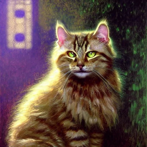 Prompt: portrait fluffy tabby cat feline with green human eyes wearing a suit. shadowrun furaffiniy furry art cyberpunk fantasy highly detailed painting by gaston bussiere craig mullins jc leyendecker gustav klimt artgerm greg rutkowski john berkey, bergey, craig mullins, ruan jia, raymond swanland, jeremy mann, tom lovell, alex malveda