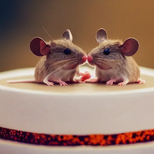 Image similar to 2 mice dancing on top of a 4 layered wedding cake, award winning, national geographic, macro shot