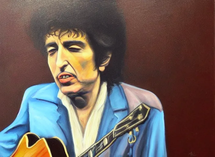 Prompt: “an oil painting of bob dylan doing an impression of Elvis”