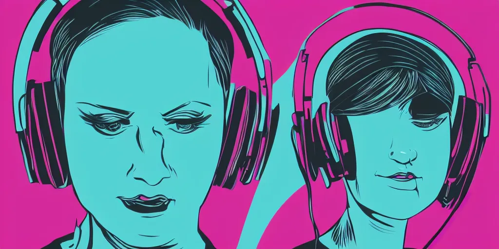 Image similar to “a closeup of a female face with headphones in retro colors, synthwave style, 2d digital vector art”