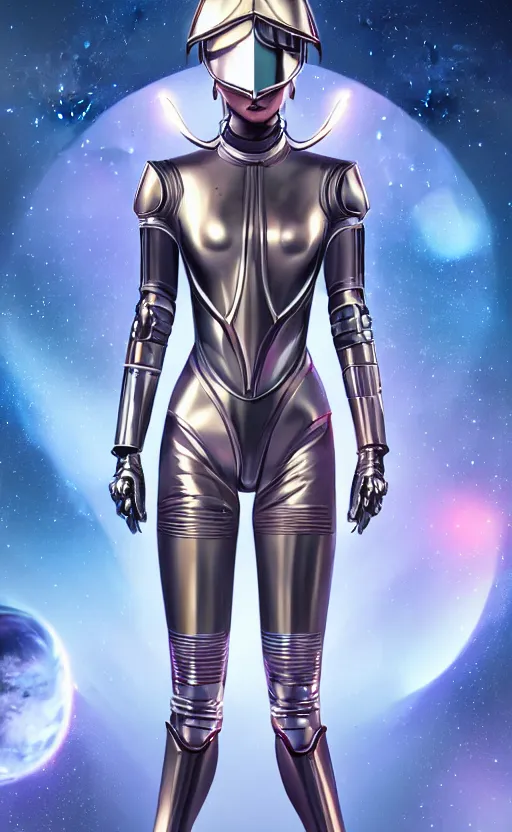 Prompt: beautiful hourglass feminine cyborg in full body space suit, unicorn helmet, steel boots, concept art by artgerm, photoshoot, intricate, highlydetailed, space background, artstation 4 k raytracing, shadows, highlights, illumination - n 4