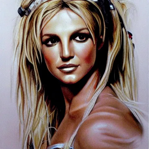 Image similar to detailed portrait of britney spears pencil art, intricate, hyper detailed, realistic, oil painting, by julie bell, frank frazetta, cinematic lighting