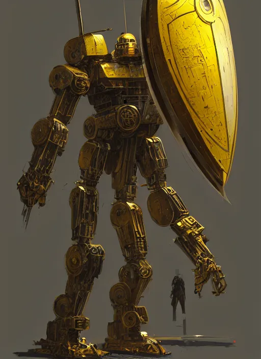 Image similar to human-sized strong intricate yellow pit droid carrying very detailed perfect antique great sword and beautiful large paladin shield, pancake short large head, exposed metal bones, painterly humanoid mecha, epic glorious, by Greg Rutkowski