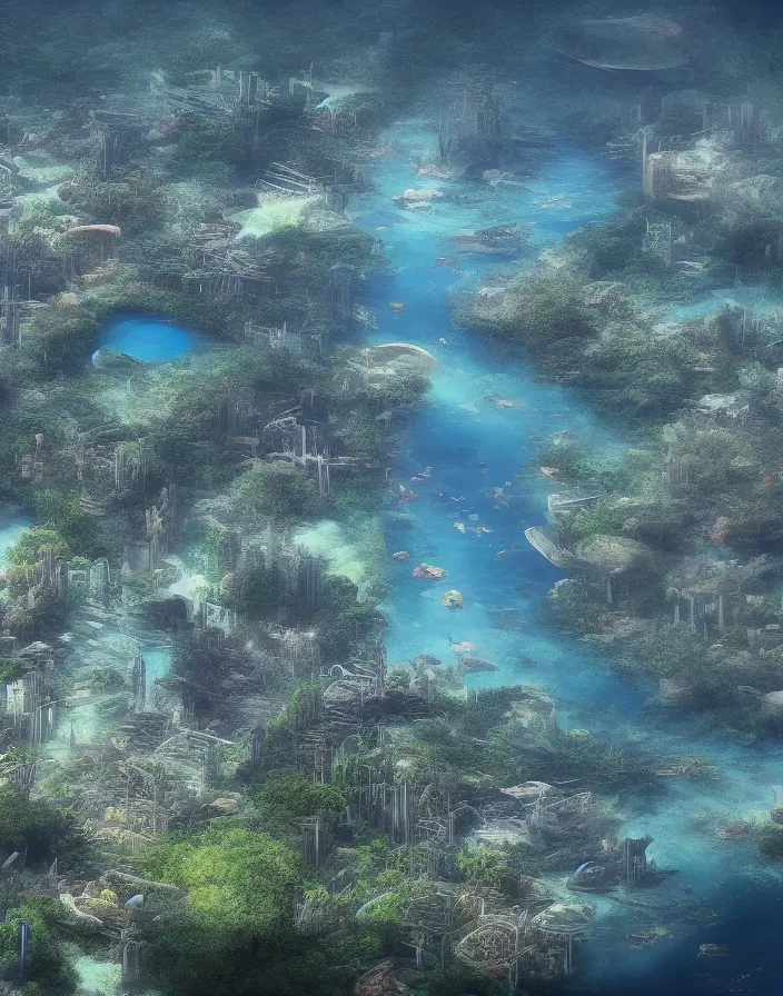 Image similar to landscape underwater utopian city on the ocean floor, 8k, hyper realism.