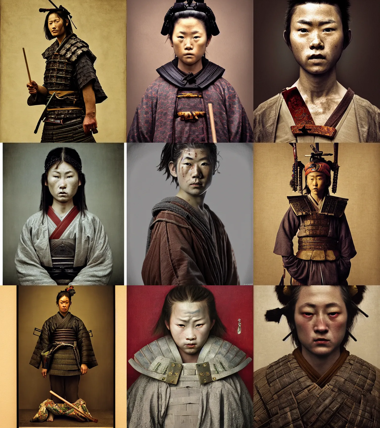 Prompt: Samurai young realistic detailed portrait by Gregory Crewdson, Irving Penn, Rembrandt, Alex Horley and Jimmy Nelson!