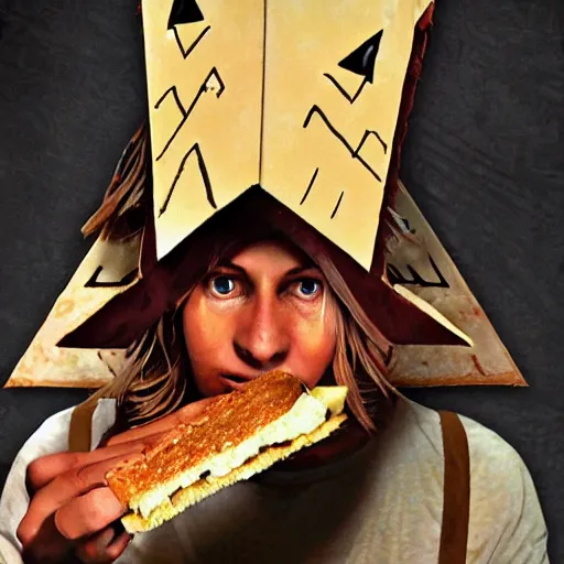 Image similar to Pyramid head trying to eat a sandwich