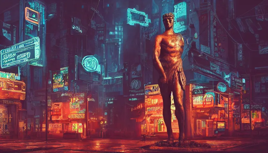 Prompt: a small weathered ancient greek sculpture standing in a square, surrounded by cyberpunk city, neon sign, bladerunner, digital illustration, artstation, cinematic composition