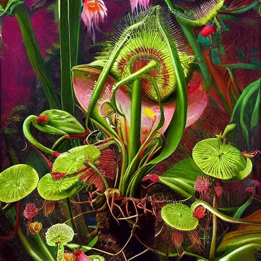 Image similar to flower venus flytrap grab mulatto in the jungle, epicaly surreally beautiful image, hyper-realistic, high resolution, hypnotic measurements , ultra detailed painting, epic visuals, absolutely outstanding, 16K