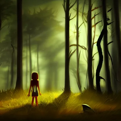 Image similar to medium shot native american girl, in a dark forest, mysterious, backlit, still from a pixar dreamworks movie, trending on artstation