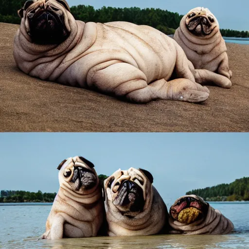 Image similar to a Walrus-Pug Hybrid, A Walrus that looks like a pug, huge tusks, afternoon hangout, good times photograph, candid