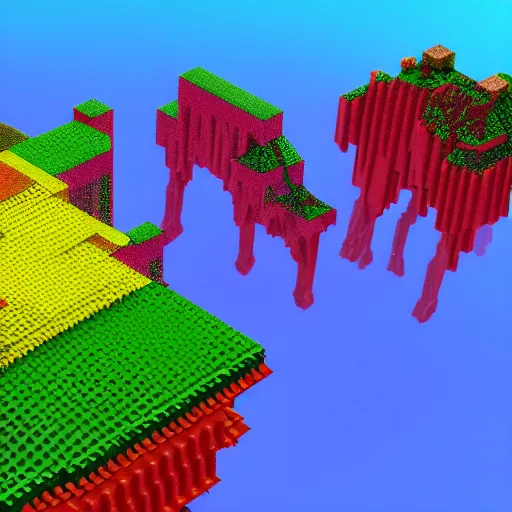 Prompt: a fantasy colorful landscape, rendered as voxels