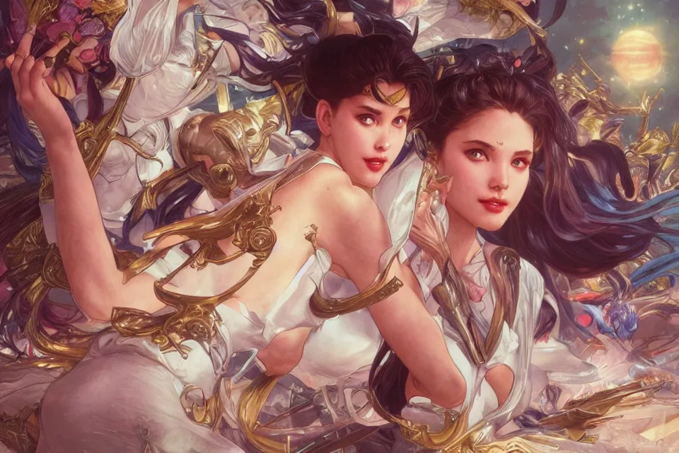 Image similar to ultra realistic illustration, full body sailor moon food fight, sci - fi, fantasy, intricate, elegant, highly detailed, digital painting, artstation, concept art, smooth, sharp focus, illustration, art by artgerm and greg rutkowski and alphonse mucha