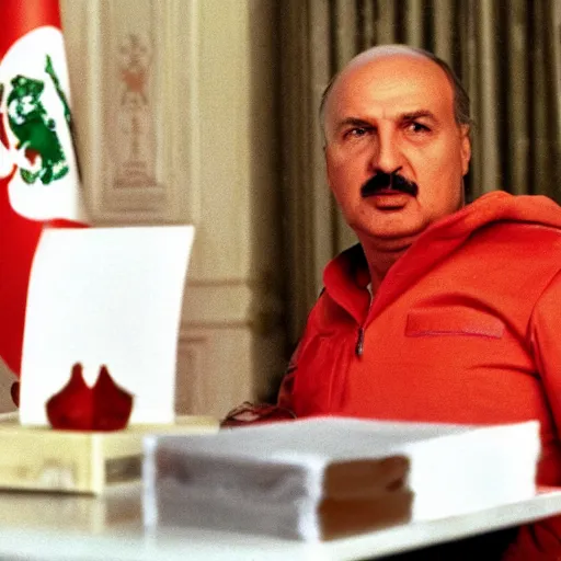 Image similar to Alexander Lukashenko in Scarface, bags of cocaine on the table, belarusian flag in the background, cinematic still