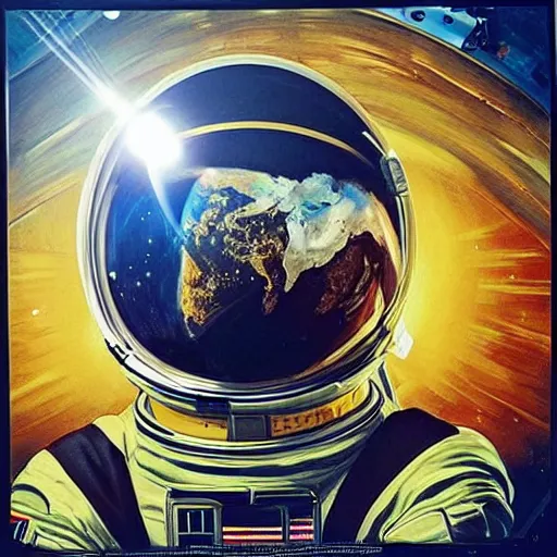 Image similar to “astronaut on board international space station wearing black space suit and gold helmet, highly detailed, realistic, portrait, nigerian flag patch, symmetrical, photorealistic, proportional, beauty, fish eye lens, nasa, spacex, in the style of Edward hooper oil painting sun rising”