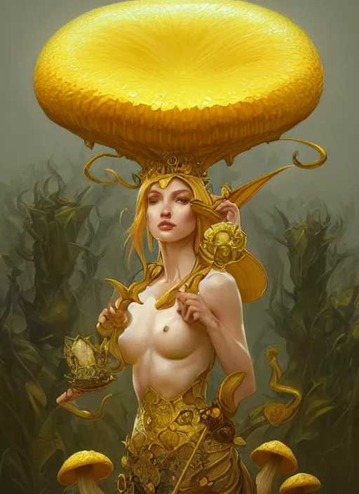 Image similar to yellow mushroom queen, d & d, fantasy, intricate, elegant, highly detailed, digital painting, artstation, concept art, matte, sharp focus, illustration, hearthstone, art by artgerm and greg rutkowski and alphonse mucha