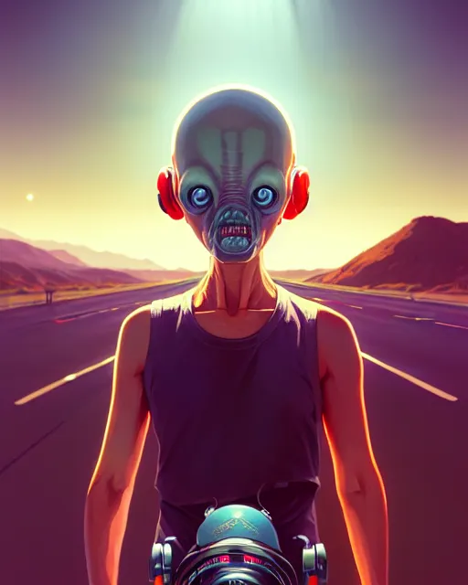 Image similar to hyper - realistic portrait of a cute alien, gta v cover art, celshading, sharp focus, intricate, detailed, rhads, andreas rocha, makoto shinkai, lois van baarle, ilya kuvshinov, greg rutkowski, dynamic lighting, grunge aesthetic, 4 k