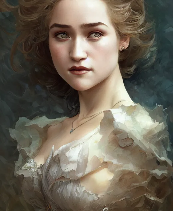 Image similar to portrait of julia garner, half body, d & d, fantasy, intricate, elegant, highly detailed, digital painting, artstation, concept art, art by artgerm and greg rutkowski and alphonse mucha, boris vallejo