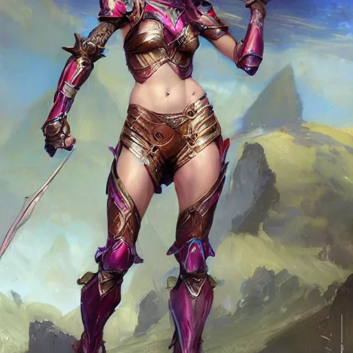 Prompt: bikini armor female knight, D&D, elegant, vibrant, fantasy, intricate, smooth, artstation, painted by edgar maxence, greg rutowski, ross tran, artgerm