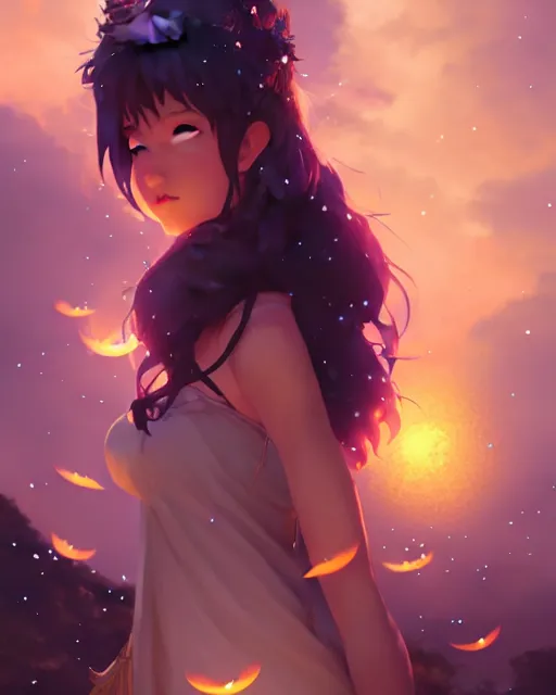 Image similar to goddess of the night surrounded by fireflies, wide angle view, cushart krenz, very detailed, realistic face, detailed face, matte, tonemapping, perfection, 4 k