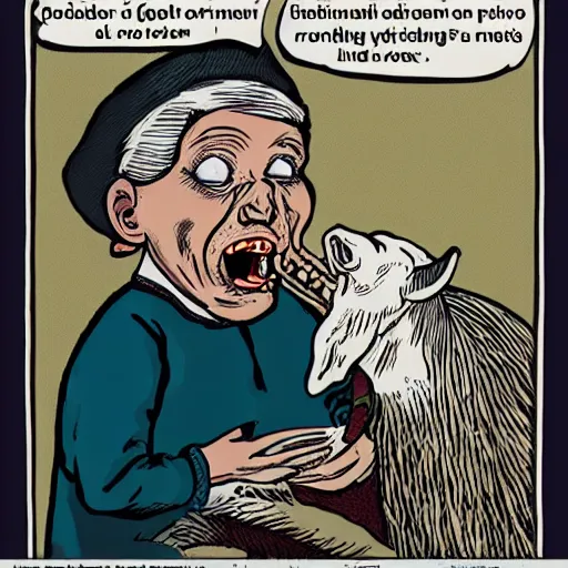 Image similar to an image of an old woman opening her mouth extremely wide and swallowing a whole goat like a pill