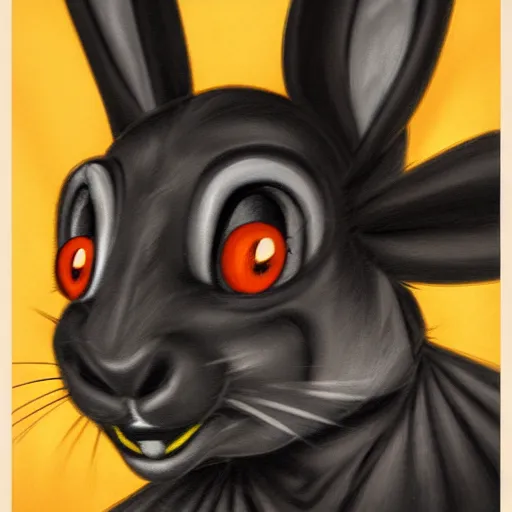 Image similar to A extremely highly detailed majestic hi-res beautiful, highly detailed head and shoulders portrait of a scary terrifying, horrifying, creepy black cartoon rabbit with scary big eyes, earing a shirt laughing, hey buddy, let's be friends, in the style of Walt Disney