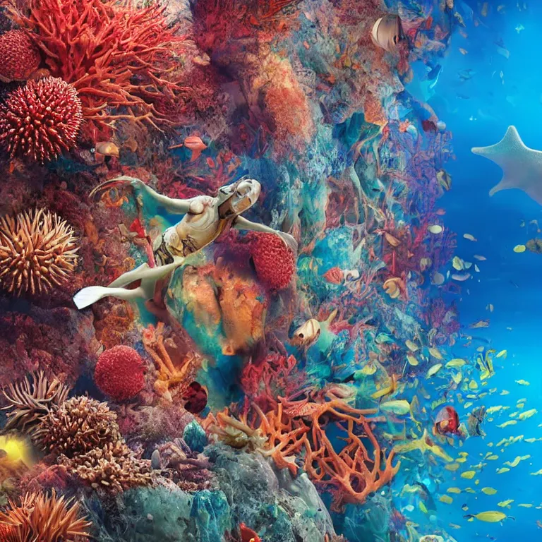 Prompt: octane render portrait by wayne barlow and carlo crivelli and glenn fabry, inside a coral reef, a diver completely covered in red coral and starfish and sea urchins surrounded by colorful exotic fish, cinema 4 d, ray traced lighting, very short depth of field, bokeh