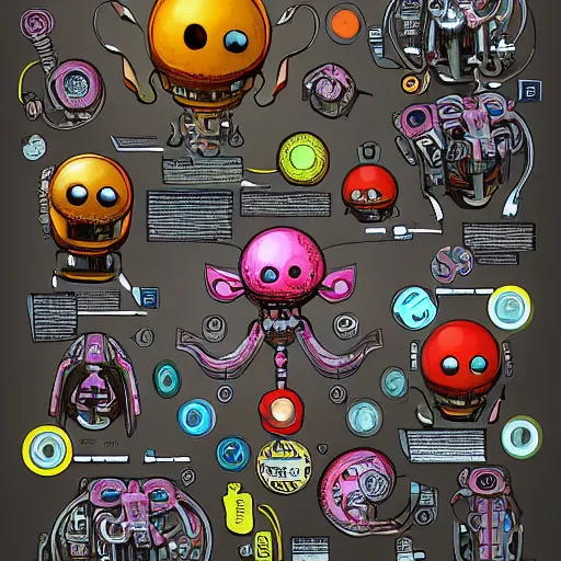 Image similar to official character sheets for an old dumbo squid biomech, digital 2 d screen smiley robot face, mechanical heart in center, covered in coral and barnacles, worn stickers, scratches, damage, art by tim schafer black velvetopia art for psychonauts from double fine studios, art by splatoon from nintendo, black light rave, adult character, apocalypse