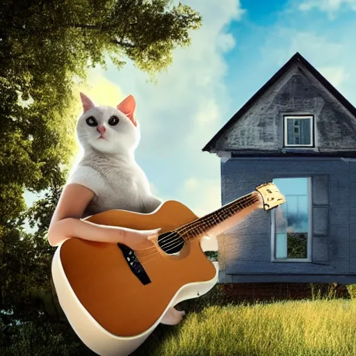 Prompt: realistic photo of a white female cat with a black spot on her trunk playing guitar, an old house with a window over a hill, blue sky