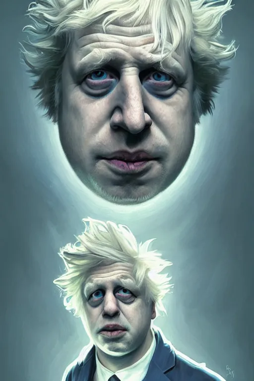 Image similar to Boris Johnson as Rick Sanchez, one eyebrow, white robe, big eyes, 2d portrait, symmetrical, highly detailed, digital painting, artstation, concept art, smooth, sharp focus, illustration, cinematic lighting, art by artgerm and greg rutkowski and alphonse mucha