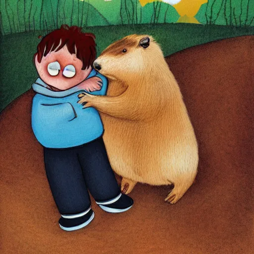 Prompt: badger lovingly hugging a capybara, children's book illustration