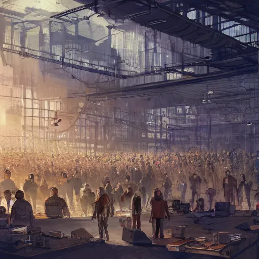Prompt: large group people in a huge warehouse, gathered around a tabletop city | cinematic concept art | godrays | 4 k | clear details | tabletop | hologram foreground