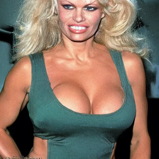 Prompt: pamela anderson as a 3 0 0 pound linebacker