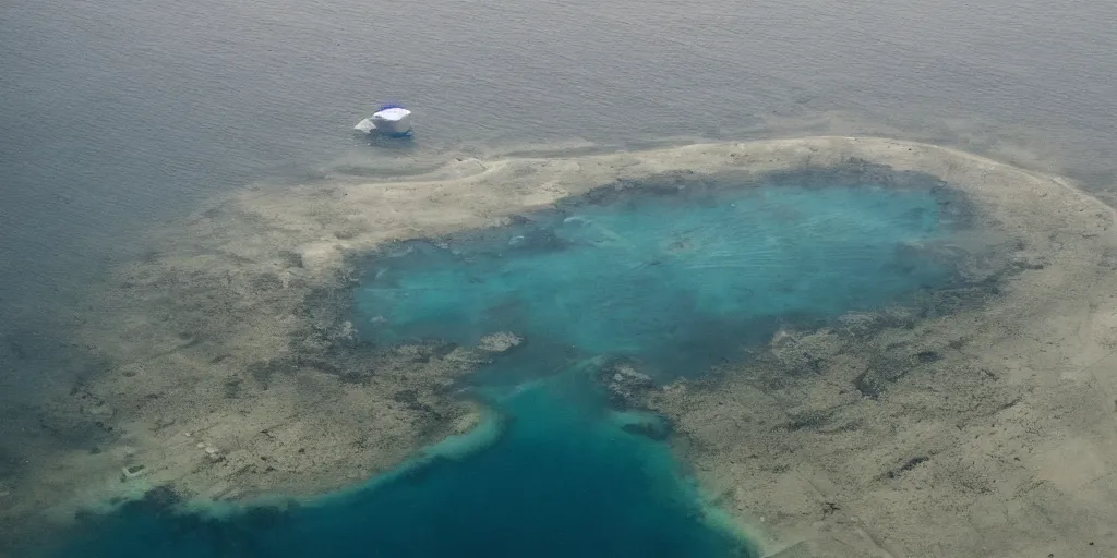 Image similar to aerial view of sunken airport at the bottom of the ocean. submerged airport. in the style of Caspar David Friedric.