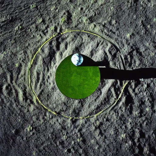 Image similar to a photography of a green soccer pitch on the moon, extreme long shot, realistic