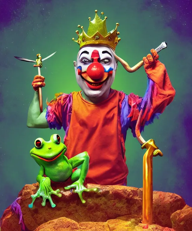 Image similar to clown frog king pulls the sword from the stone, clown frog king wearing clown makeup and rainbow wig, clown crown artwork by Glenn Fabry, rendering by Beeple