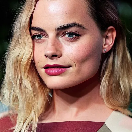 Image similar to a woman who is a genetic combination of margot robbie and emma watson face and upper - body focus