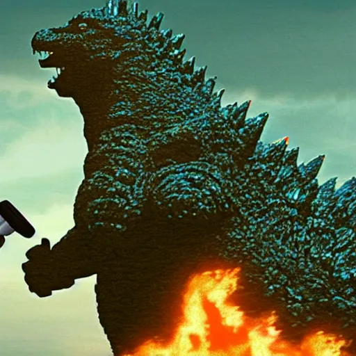 Image similar to godzilla in the bathroom brushing his teeth, electric toothbrush