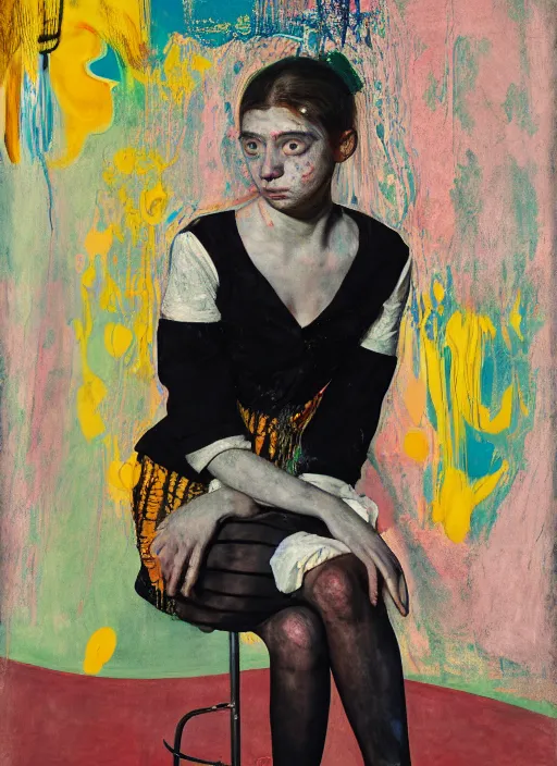 Prompt: portrait of a nervous young girl harlequin sitting on a stool, by vincent lefevre and hernan bas and pat steir and hilma af klint, psychological, photorealistic, symmetrical face, dripping paint, washy brush, threads, rendered in octane, altermodern, masterpiece