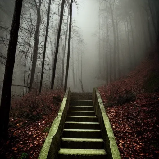 Image similar to creepy stairs in middle of forest, stairs leading to nowhere!, dark foggy misty colors!, dark forest from evil realm