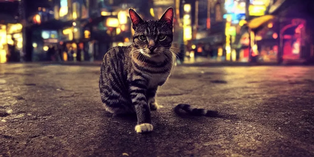 Image similar to “beautiful up close photo of a cat staring to the camera while sitting in the streets of night city’s corpo plaza, cyberpunk 2077”