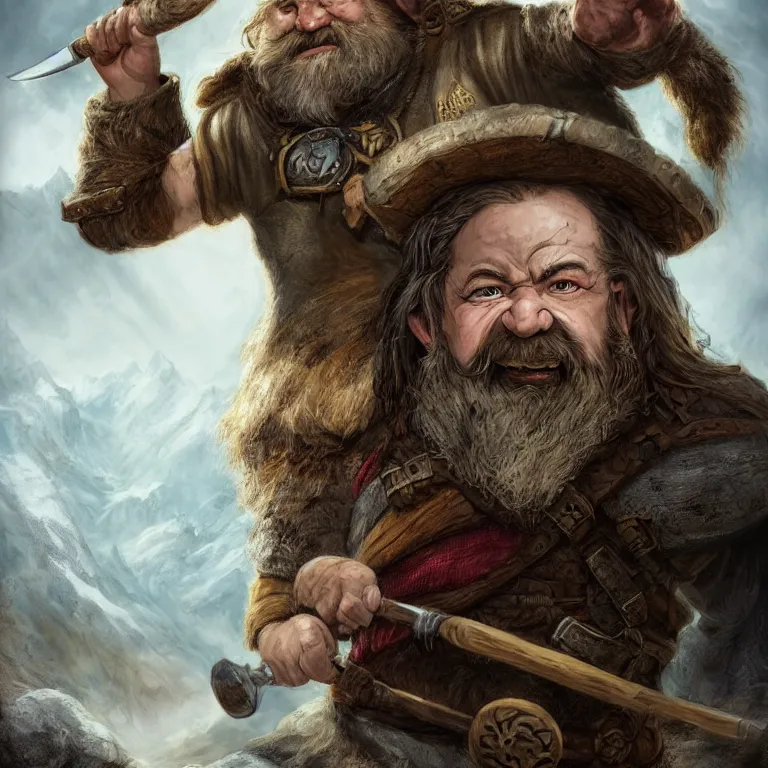 Image similar to dwarf with hammer in mountains, lord of the rings style, fantasy, poster, character portrait, portrait, close up, concept art, intricate details, highly detailed, full body, 8 k, detailed face, body